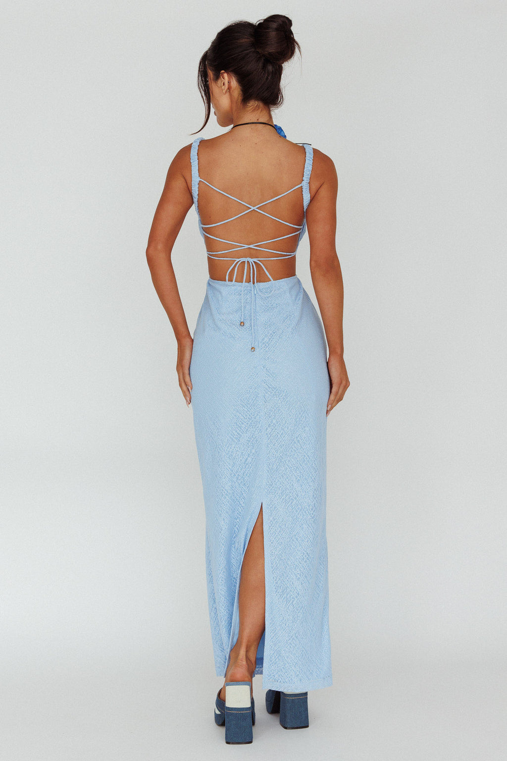 Dream Crush Lace-Up Back Mesh Overlay Midi Dress Blue by Selfie Leslie