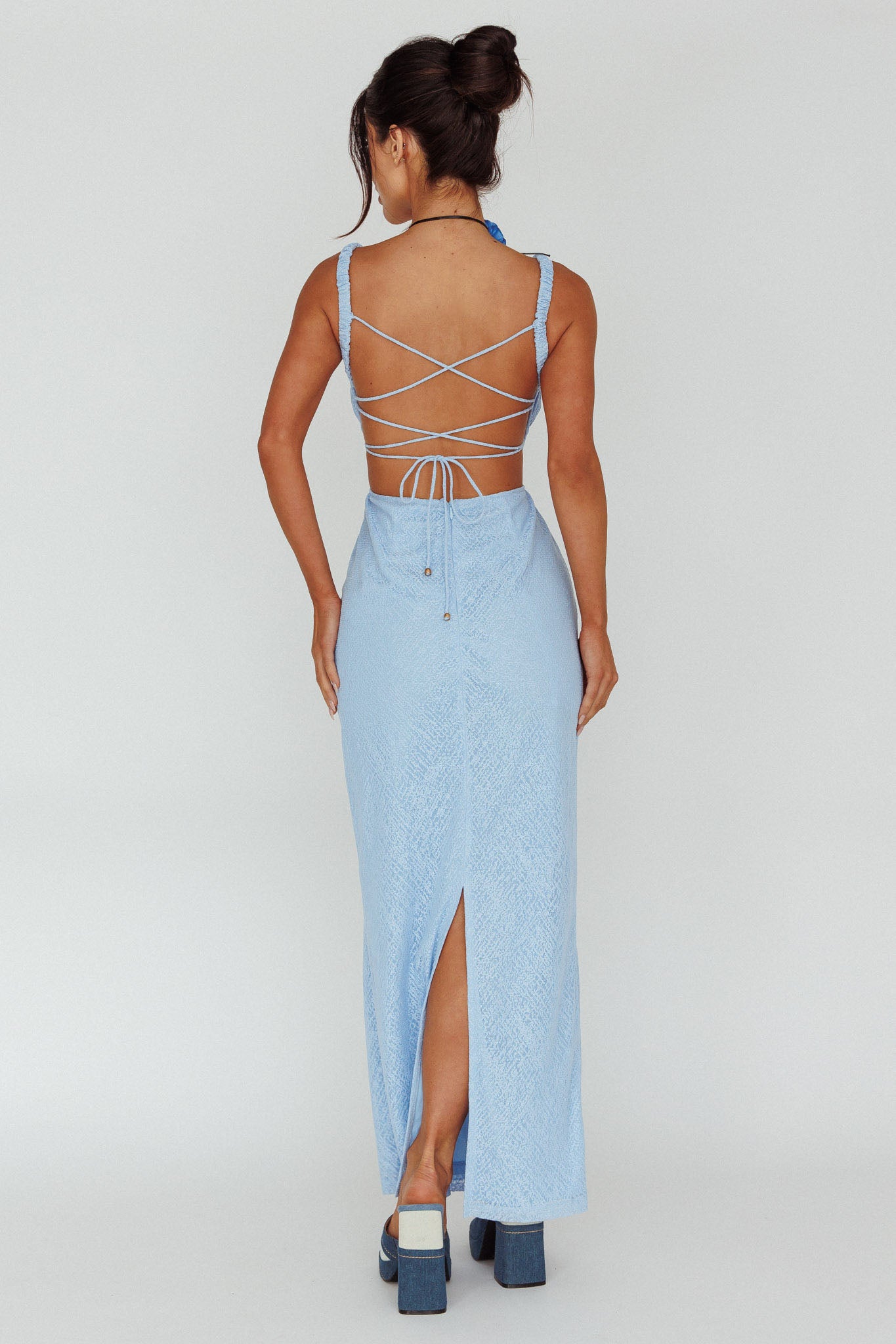 Dream Crush Lace-Up Back Mesh Overlay Midi Dress Blue by Selfie Leslie