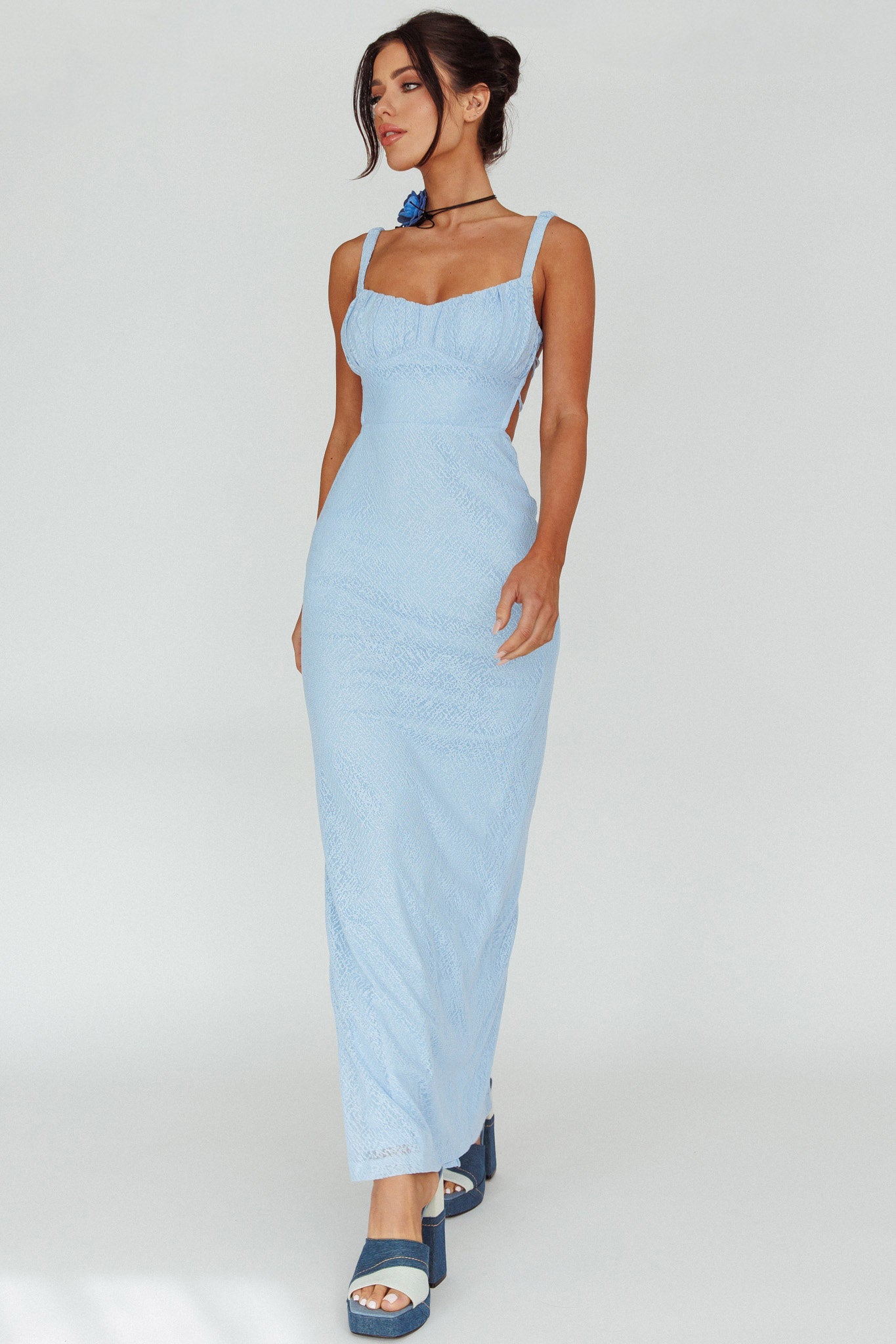 Dream Crush Lace-Up Back Mesh Overlay Midi Dress Blue by Selfie Leslie