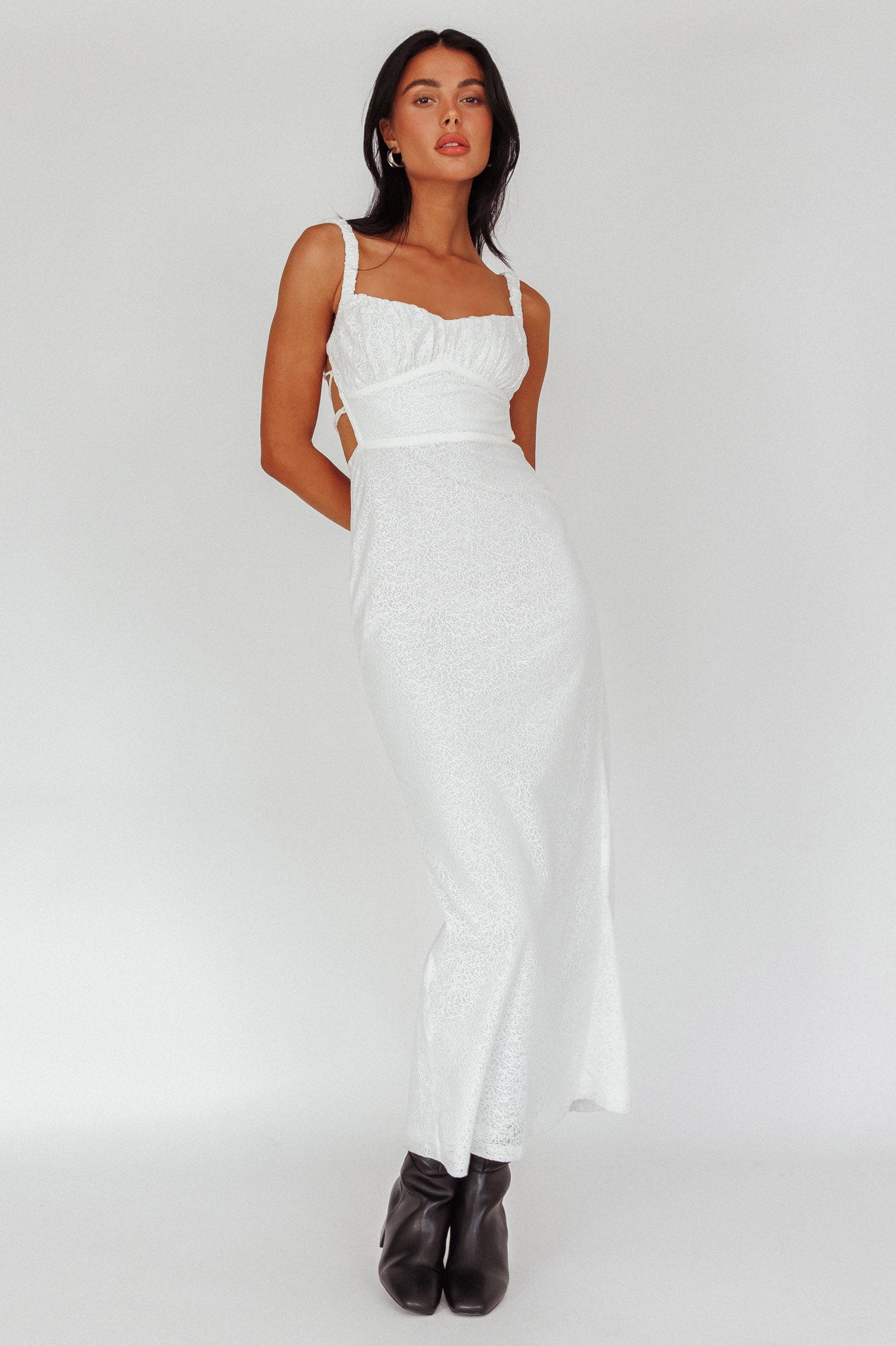 Dream Crush Lace-Up Back Mesh Overlay Midi Dress White by Selfie Leslie