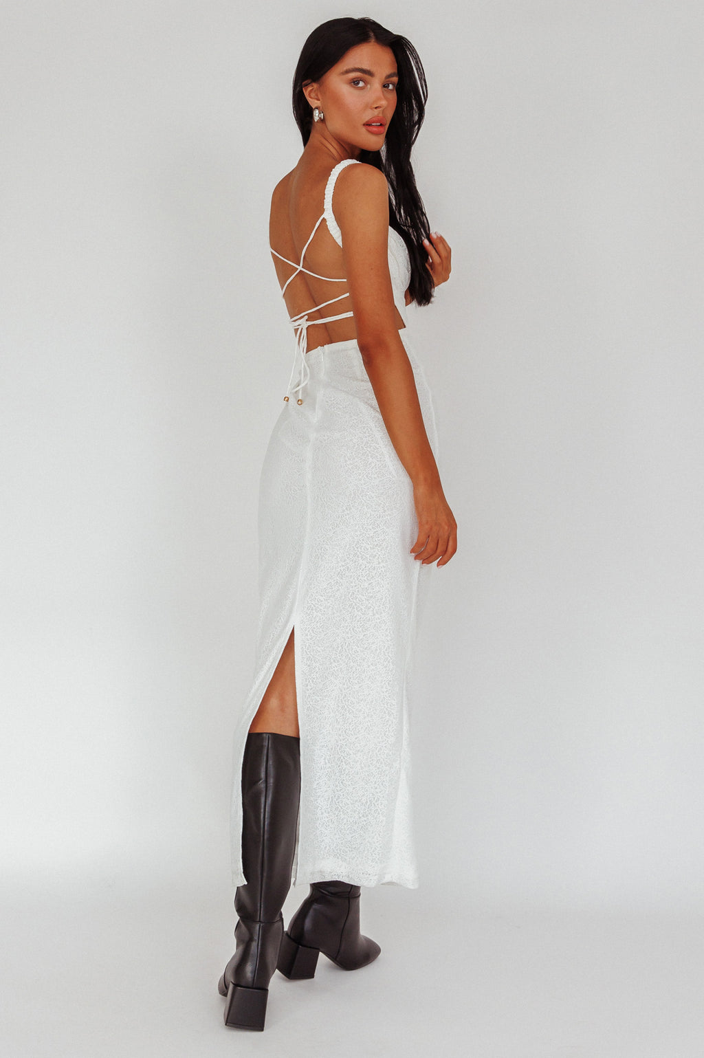 Dream Crush Lace-Up Back Mesh Overlay Midi Dress White by Selfie Leslie