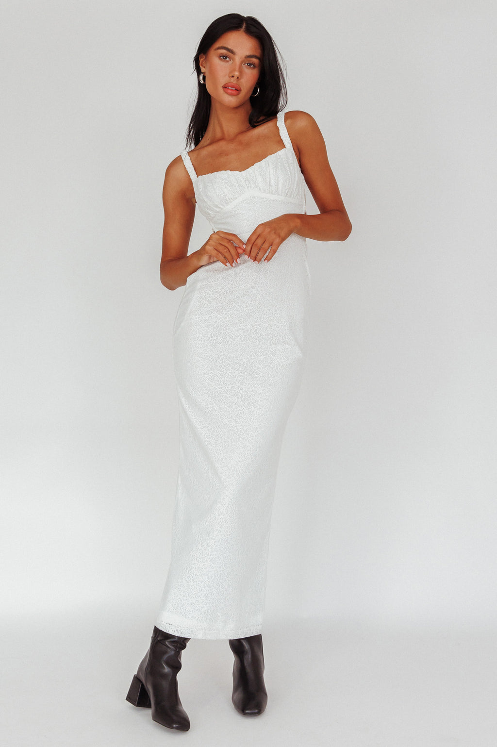 Dream Crush Lace-Up Back Mesh Overlay Midi Dress White by Selfie Leslie