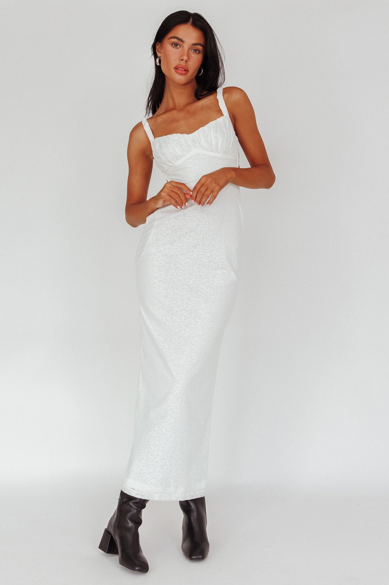 Dream Crush Lace-Up Back Mesh Overlay Midi Dress White by Selfie Leslie