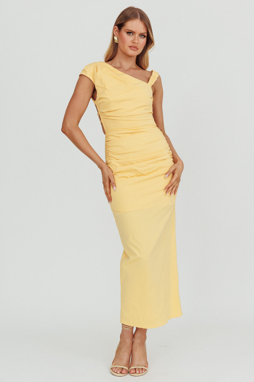 Dream Crush Asymmetric Neckline Midi Dress Lemon by Selfie Leslie