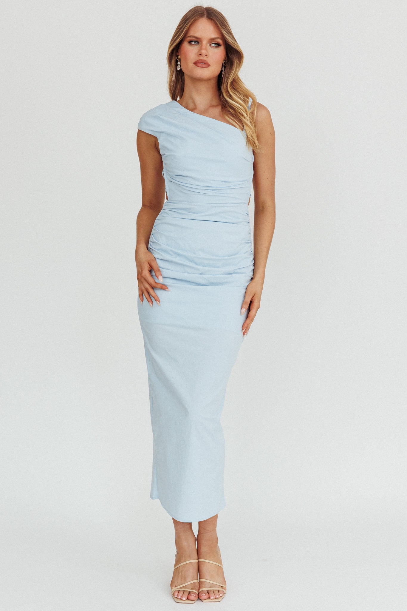 Shop the Dream Crush Asymmetric Neckline Midi Dress Sky