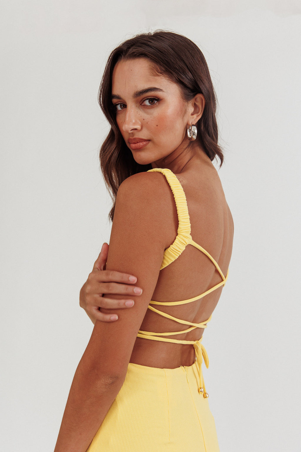 Dream Crush Lace-Up Back Side Split Midi Dress Lemon by Selfie Leslie