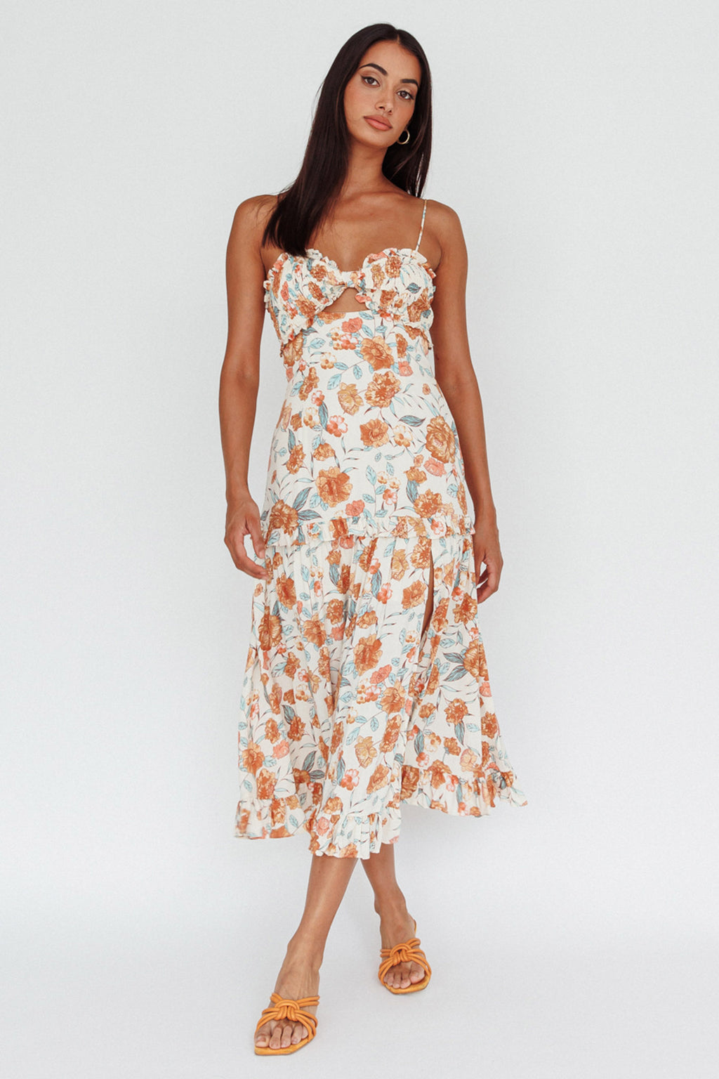 Everglow Shirred Bust Midi Dress Floral Beige by Selfie Leslie