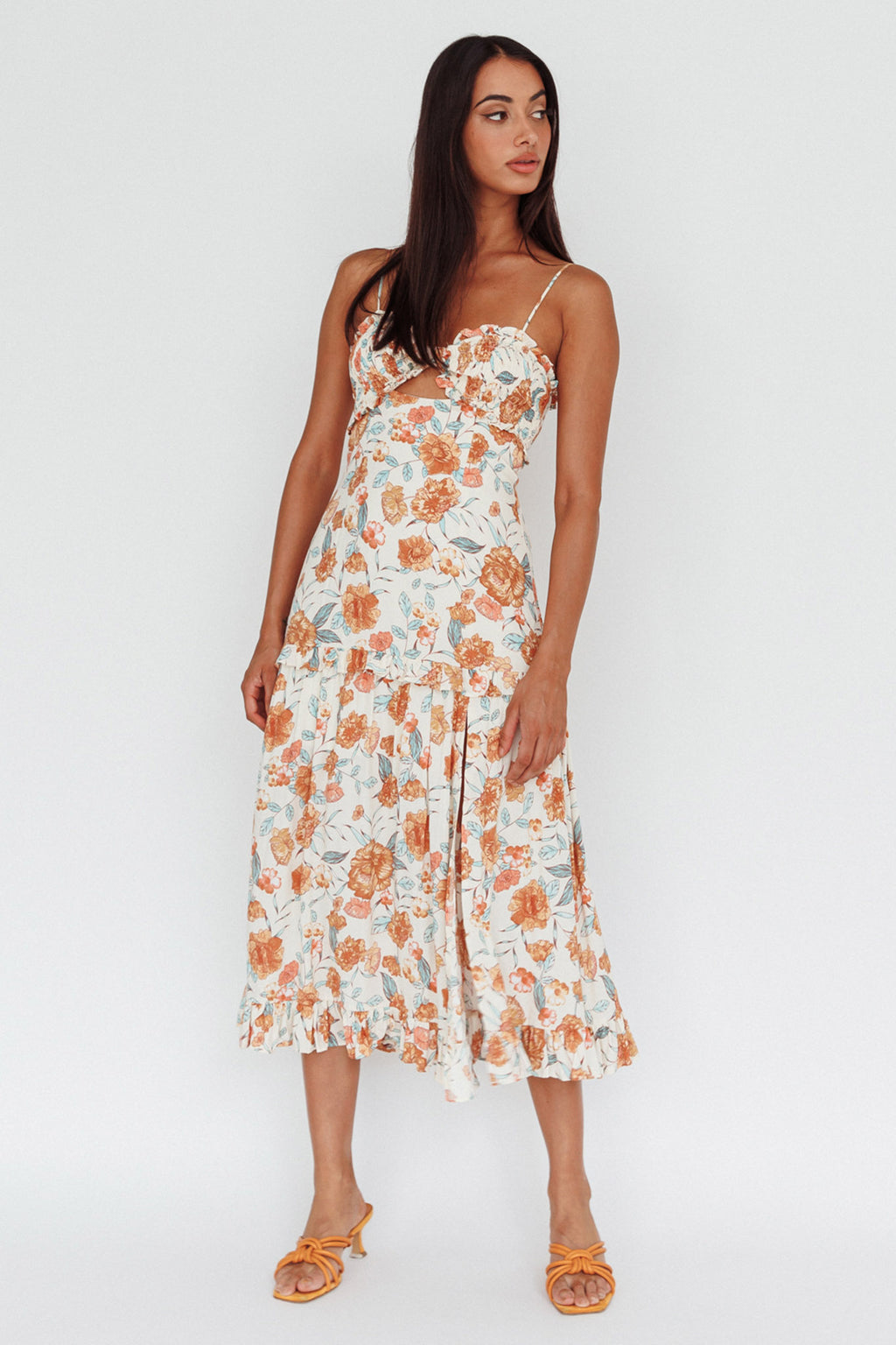 Everglow Shirred Bust Midi Dress Floral Beige by Selfie Leslie