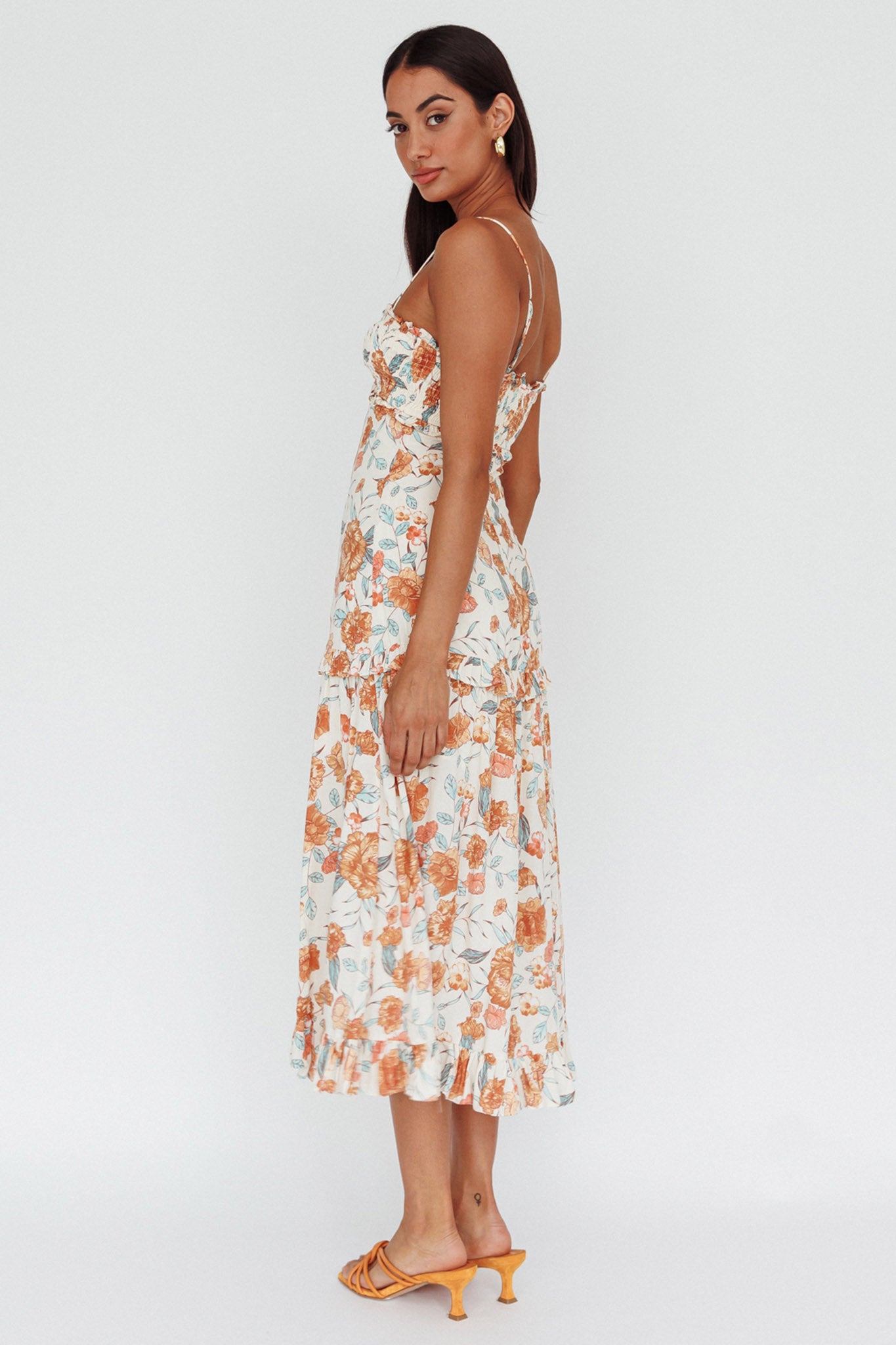 Everglow Shirred Bust Midi Dress Floral Beige by Selfie Leslie