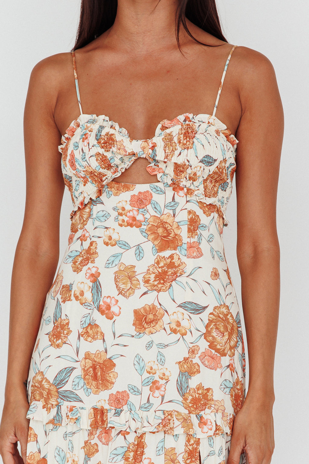 Everglow Shirred Bust Midi Dress Floral Beige by Selfie Leslie