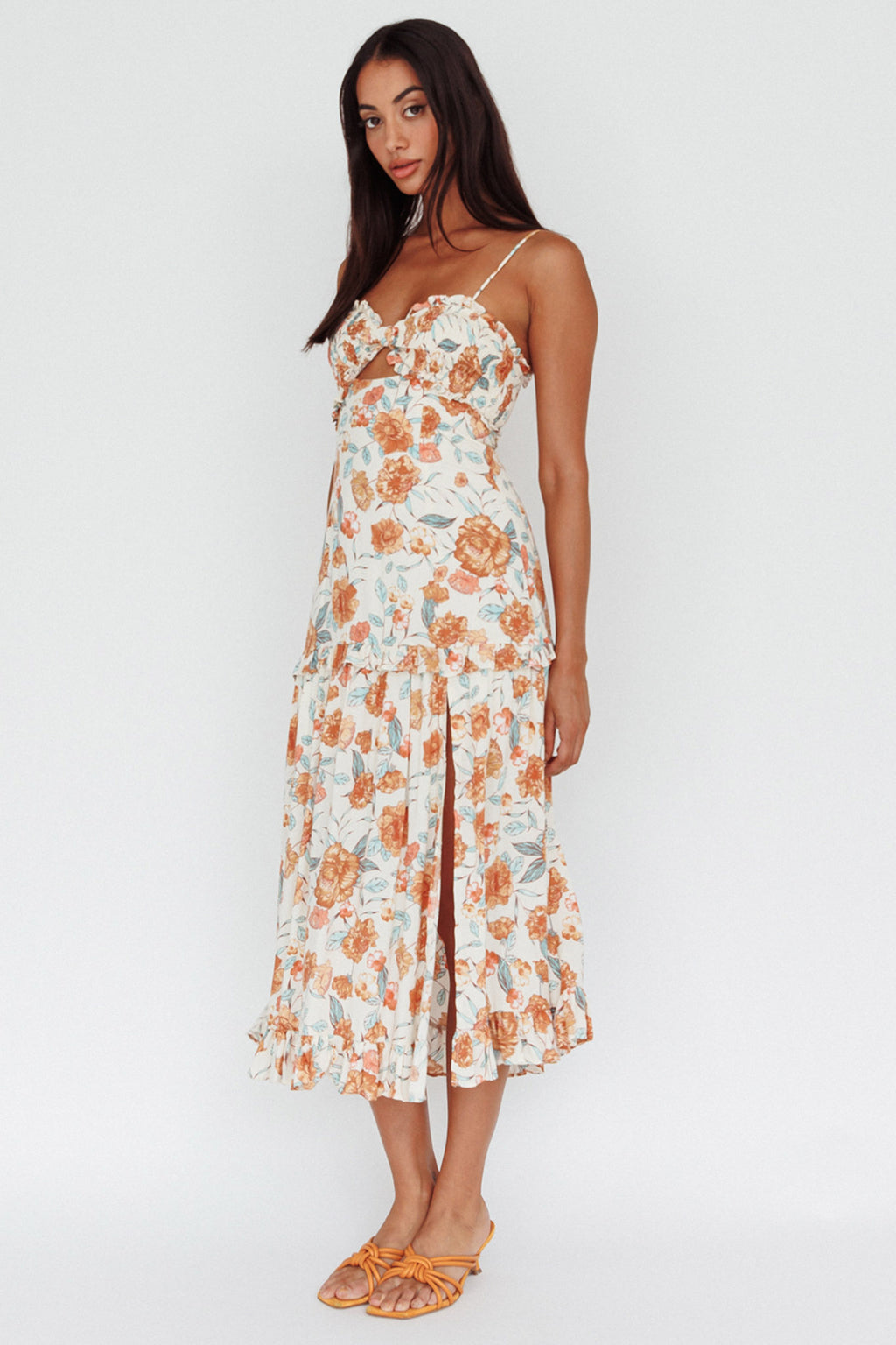 Everglow Shirred Bust Midi Dress Floral Beige by Selfie Leslie