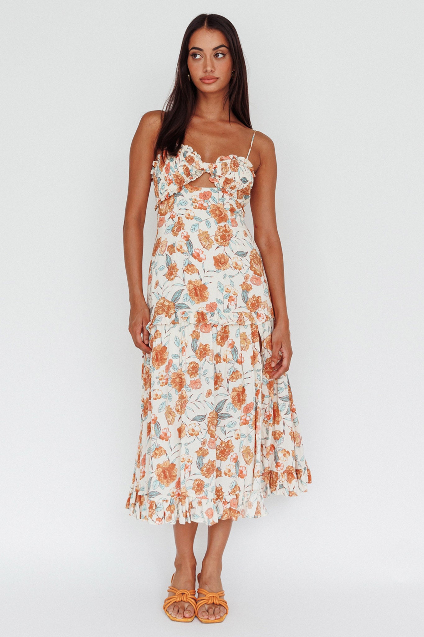 Everglow Shirred Bust Midi Dress Floral Beige by Selfie Leslie