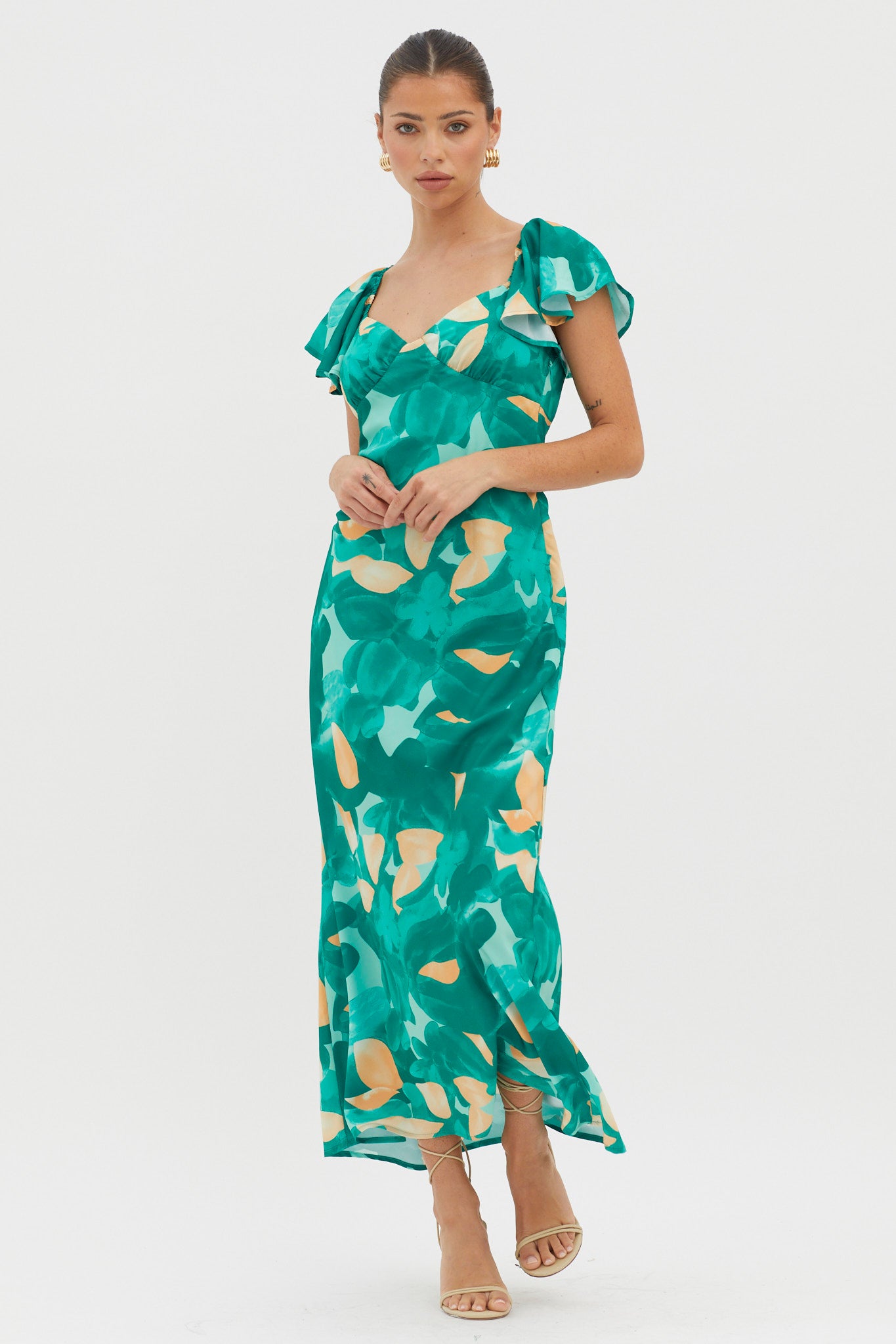 Park Avenue Flutter Sleeve Mini Dress Abstract Green by Selfie Leslie