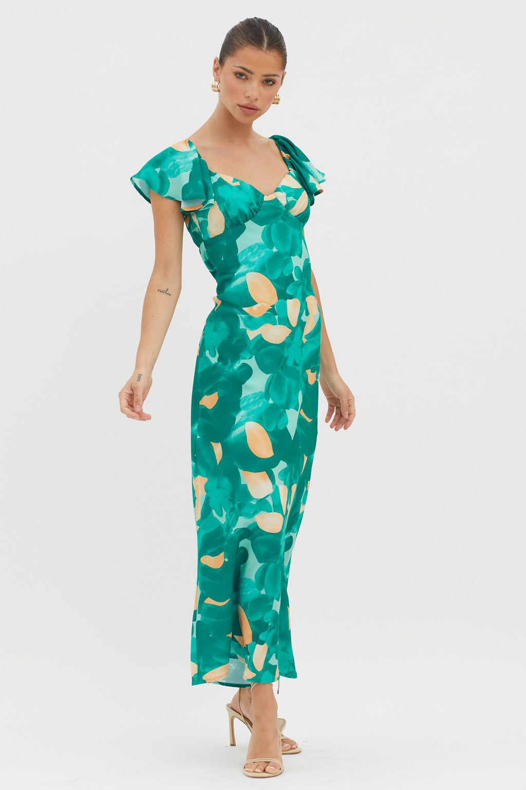 Park Avenue Flutter Sleeve Mini Dress Abstract Green by Selfie Leslie