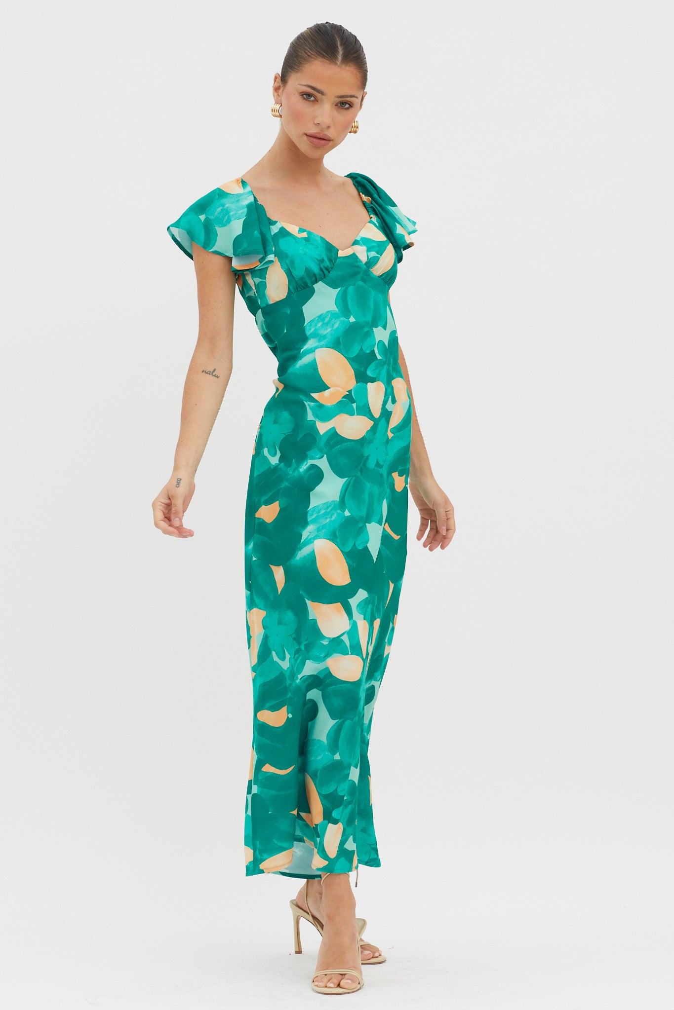 Park Avenue Flutter Sleeve Mini Dress Abstract Green by Selfie Leslie