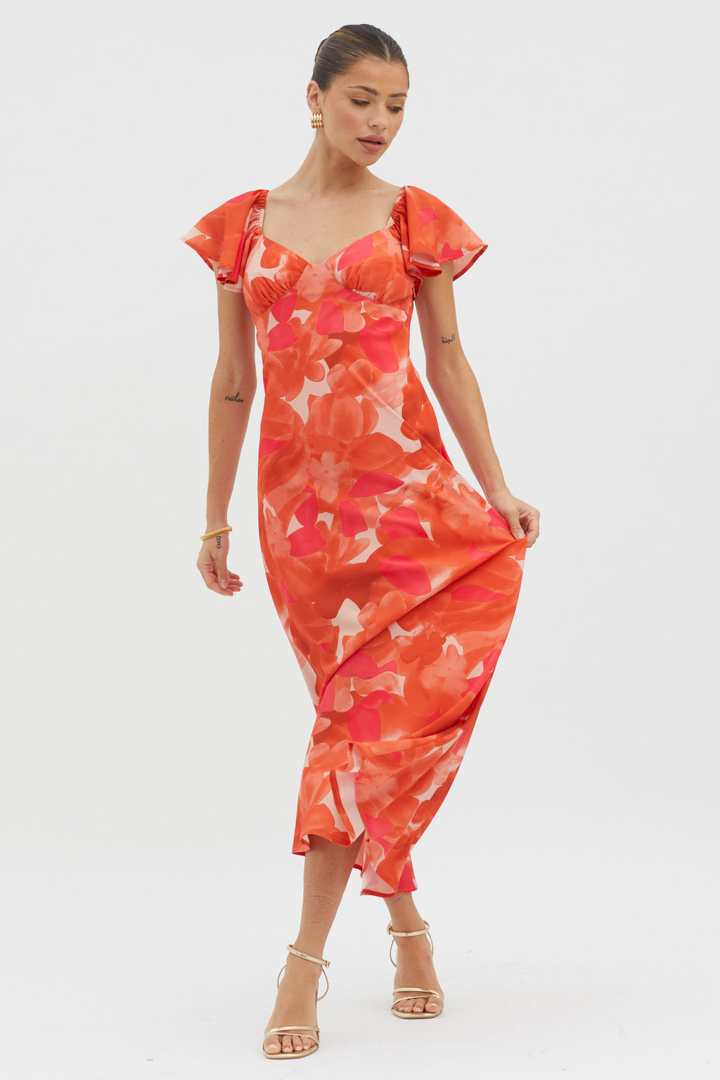 Park Avenue Flutter Sleeve Mini Dress Abstract Orange by Selfie Leslie