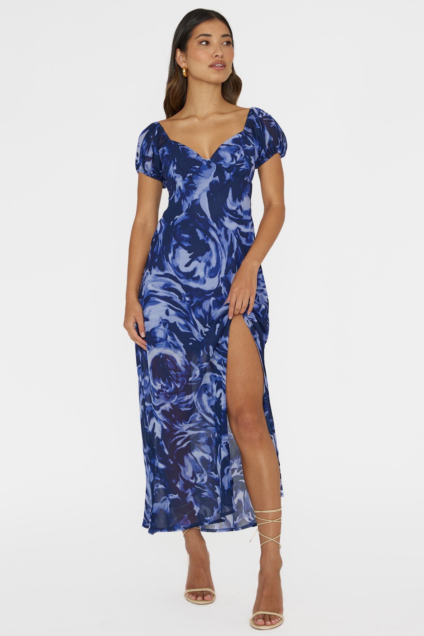Park Avenue Puff Sleeve Midi Dress Print Blue by Selfie Leslie