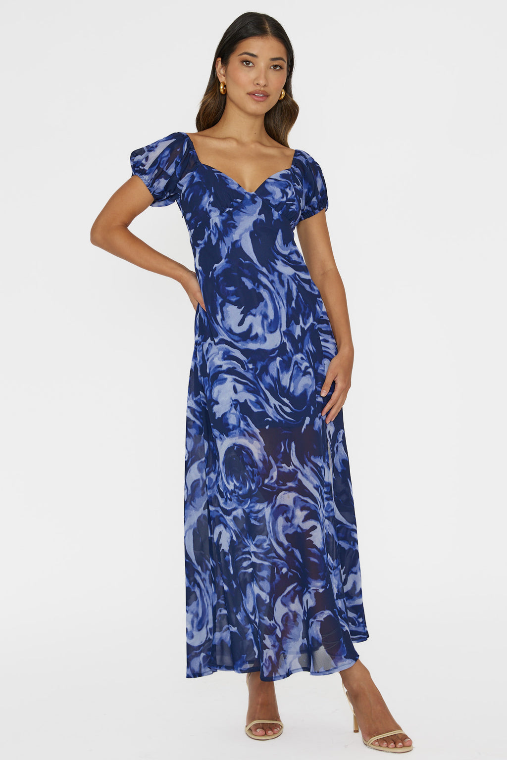 Park Avenue Puff Sleeve Midi Dress Print Blue by Selfie Leslie