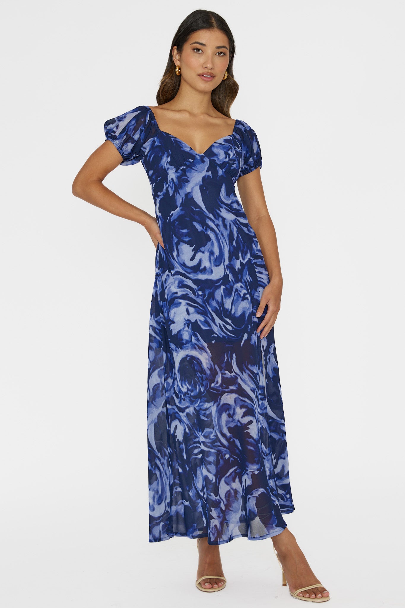 Park Avenue Puff Sleeve Midi Dress Print Blue by Selfie Leslie