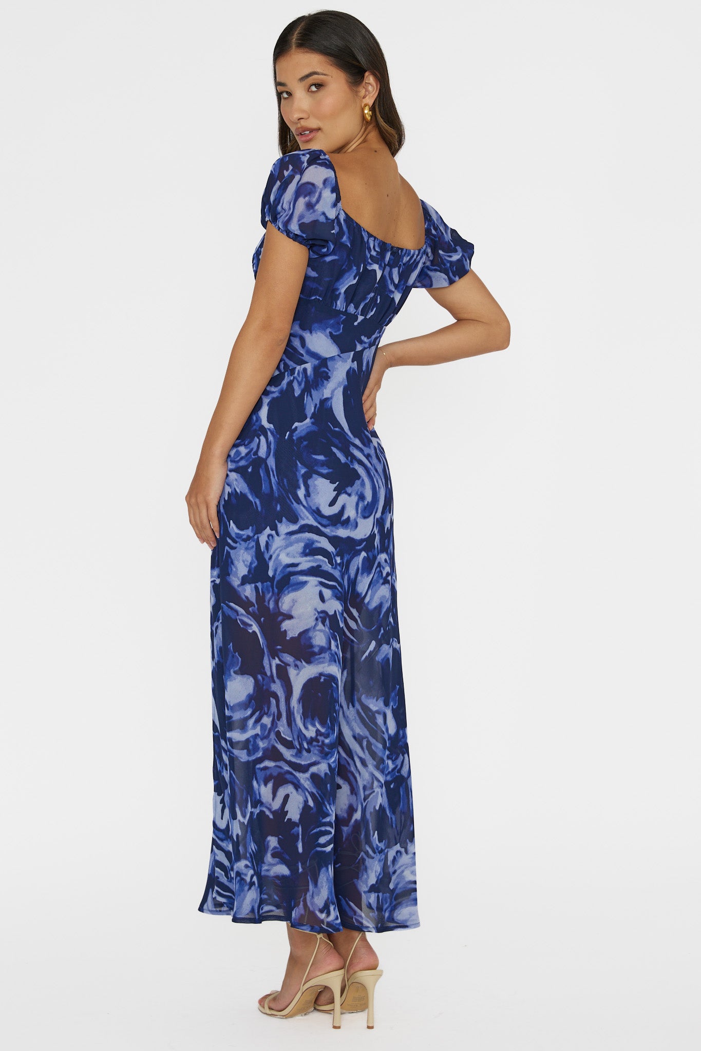 Park Avenue Puff Sleeve Midi Dress Print Blue by Selfie Leslie