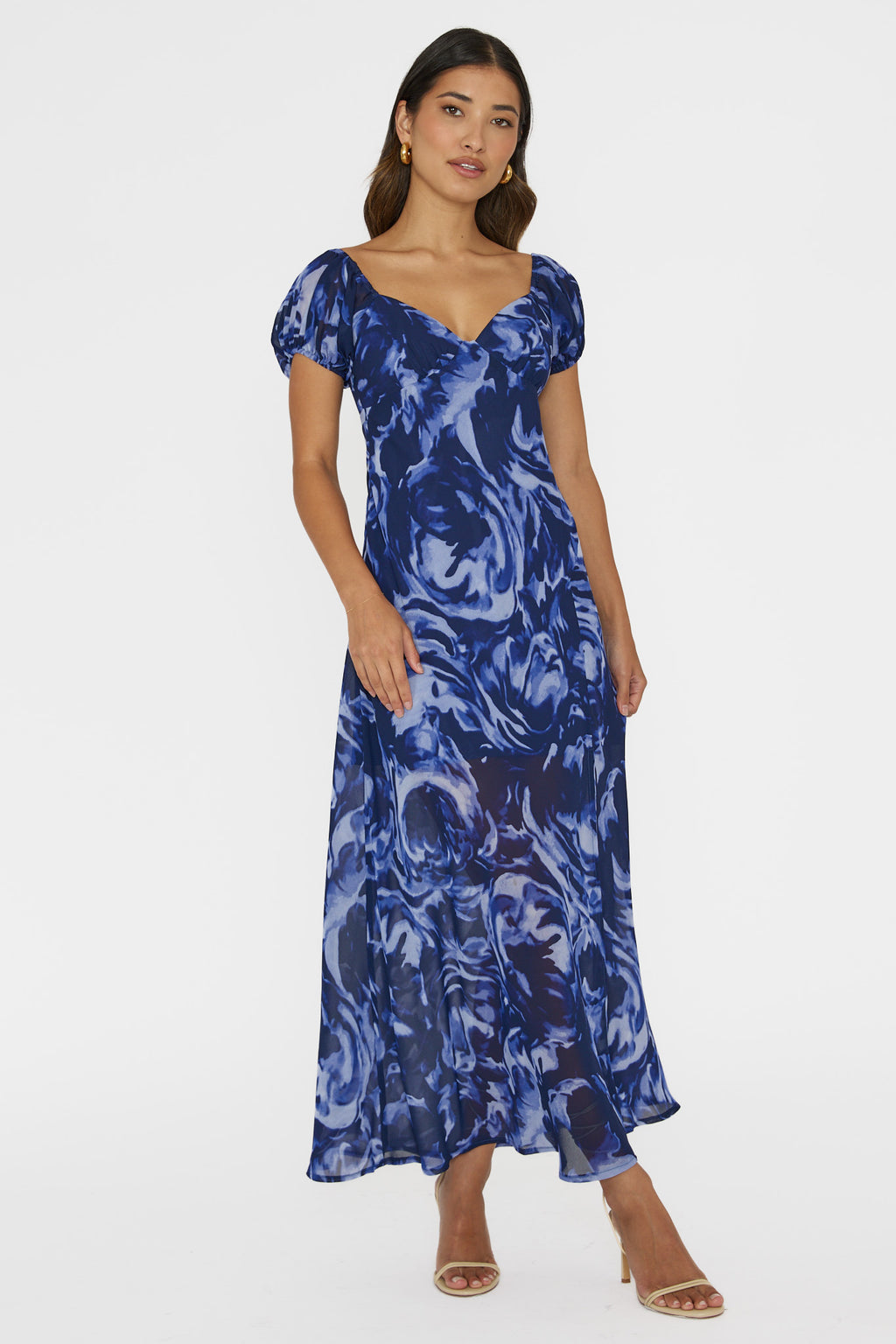 Park Avenue Puff Sleeve Midi Dress Print Blue by Selfie Leslie