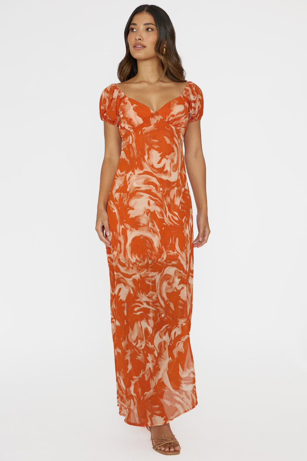 Park Avenue Puff Sleeve Midi Dress Print Orange by Selfie Leslie