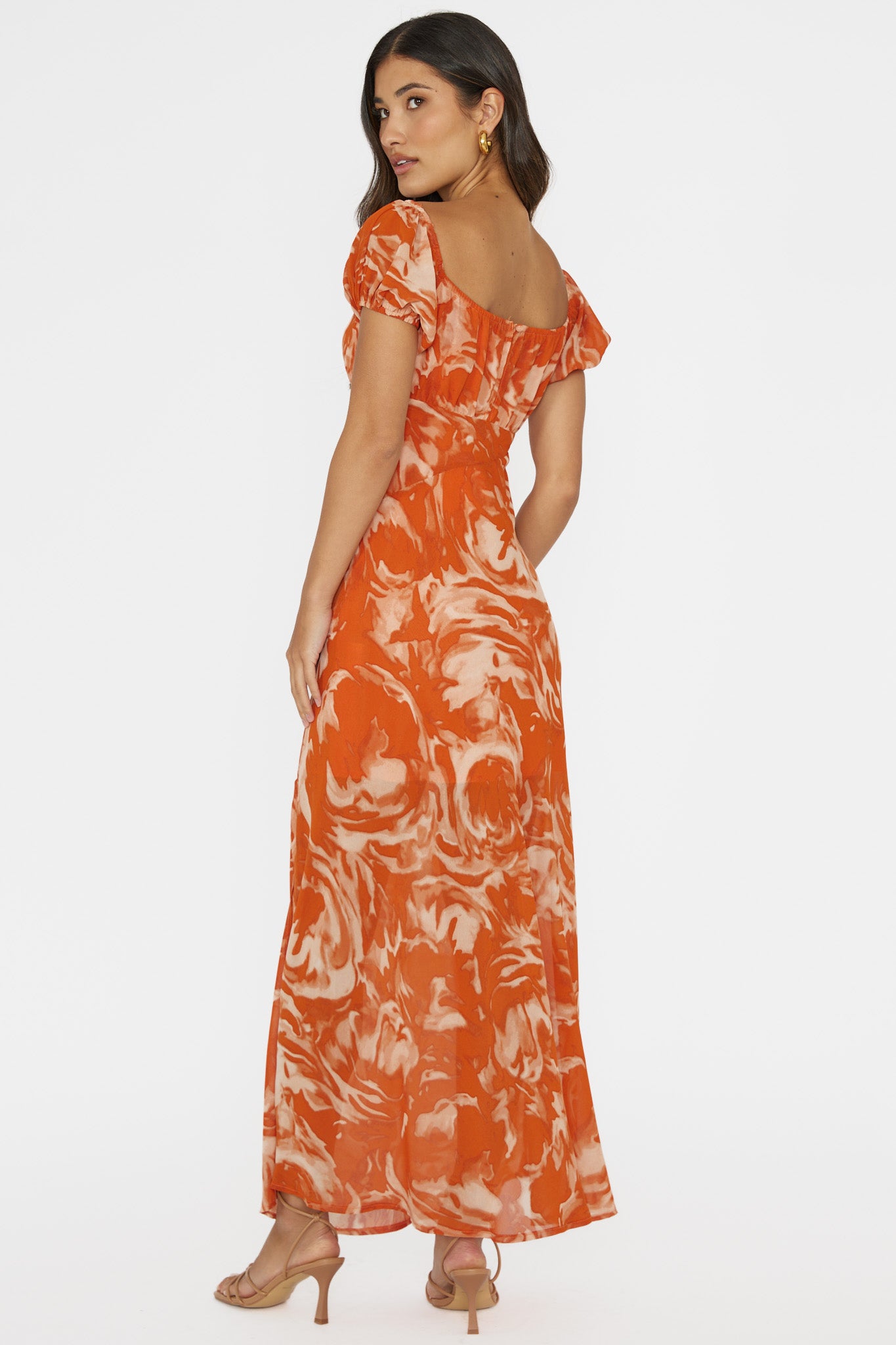 Park Avenue Puff Sleeve Midi Dress Print Orange by Selfie Leslie
