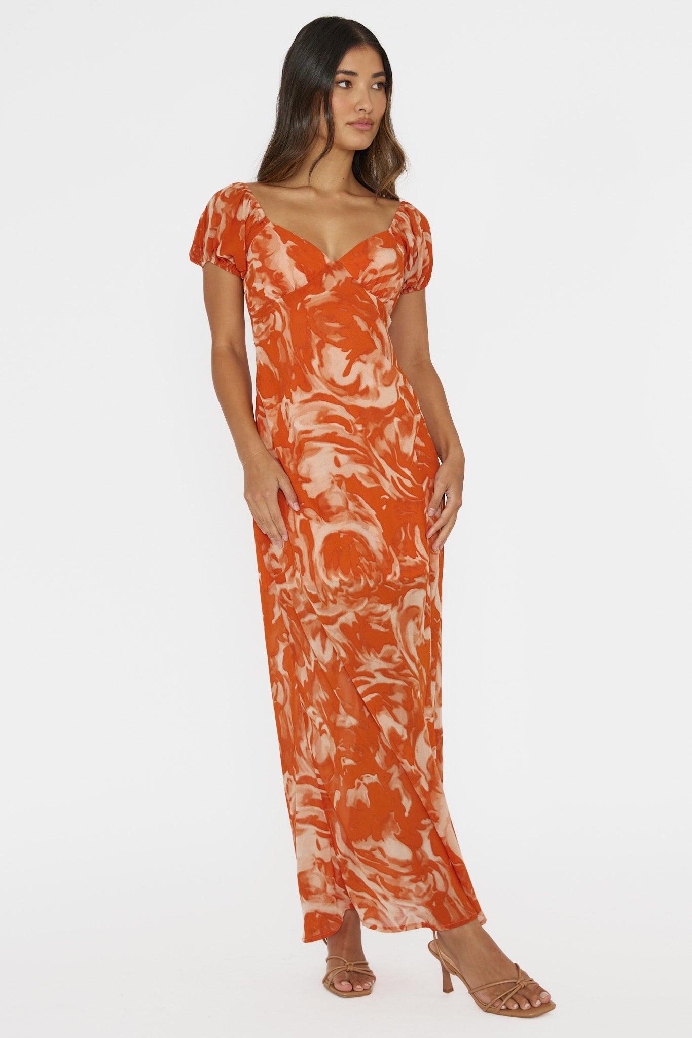 Park Avenue Puff Sleeve Midi Dress Print Orange by Selfie Leslie