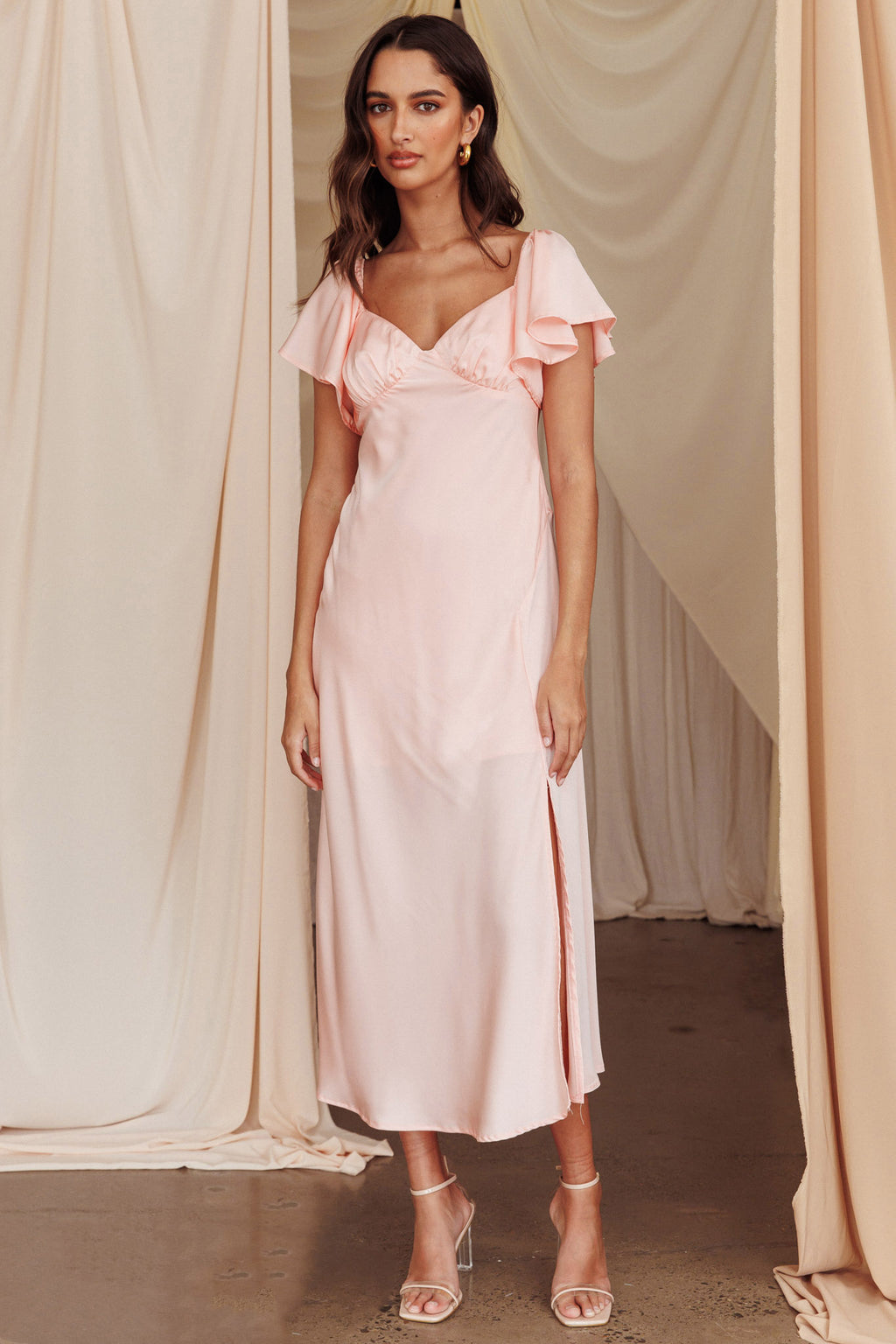 Park Avenue Flutter Sleeve Side Split Midi Dress Blush by Selfie Leslie