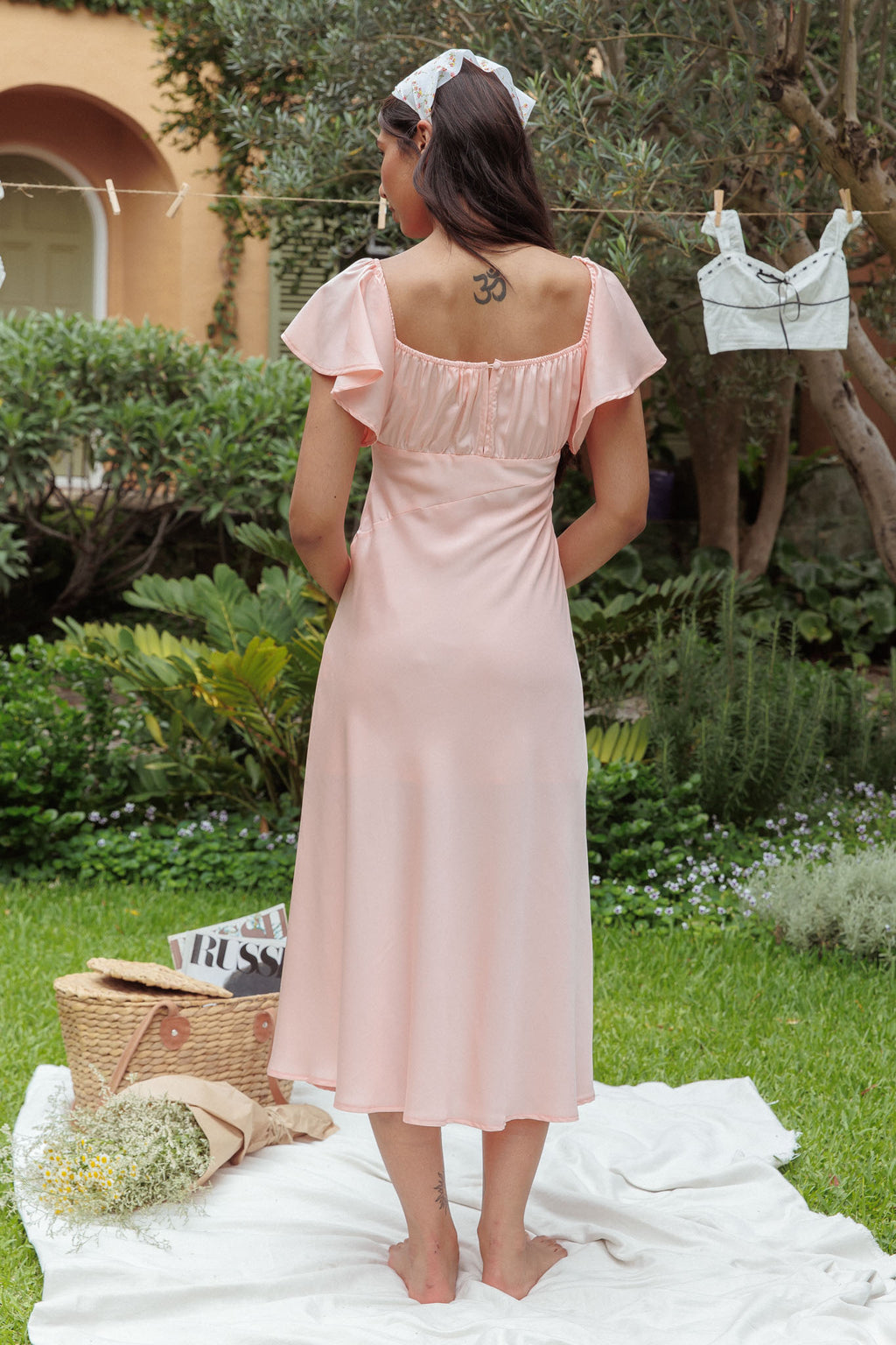 Park Avenue Flutter Sleeve Side Split Midi Dress Blush by Selfie Leslie