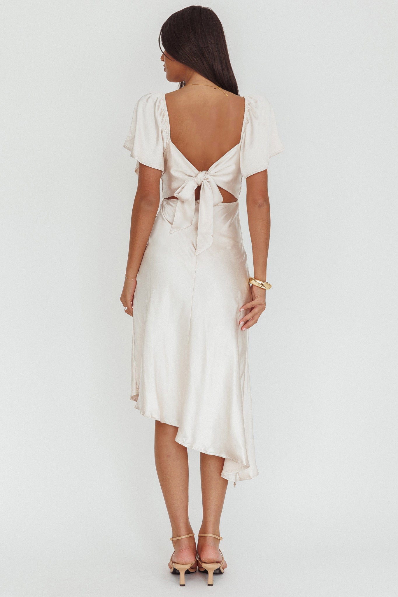 Grayson Tied Back Asymmetrical Midi Dress Champagne by Selfie Leslie