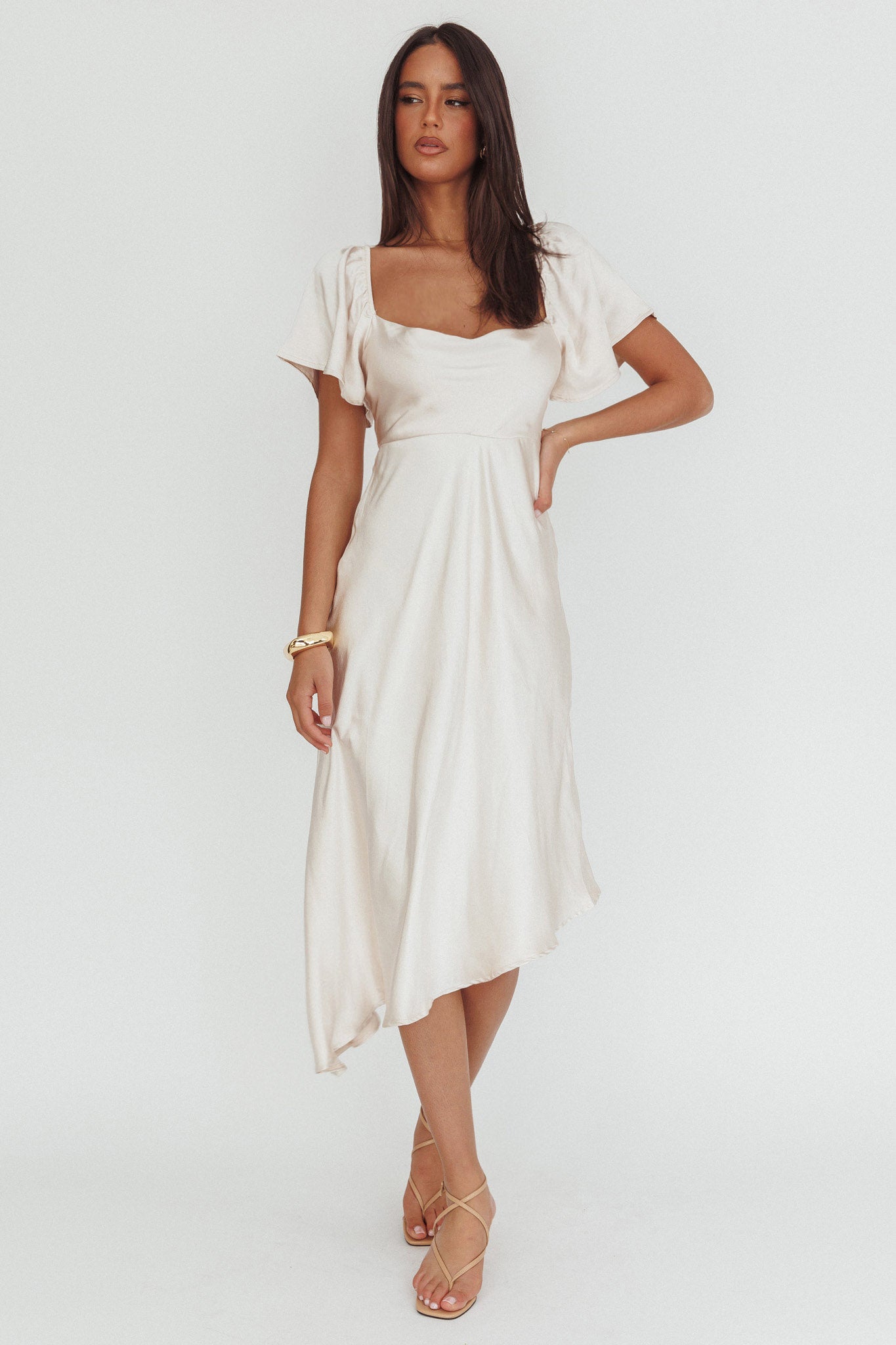Grayson Tied Back Asymmetrical Midi Dress Champagne by Selfie Leslie