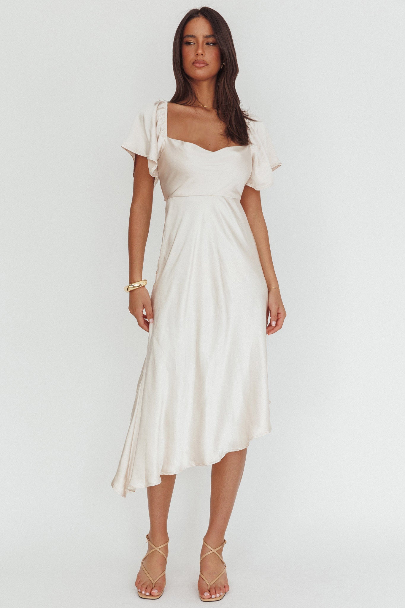 Grayson Tied Back Asymmetrical Midi Dress Champagne - S Grayson Tied Back Asymmetrical Midi Dress Champagne - S