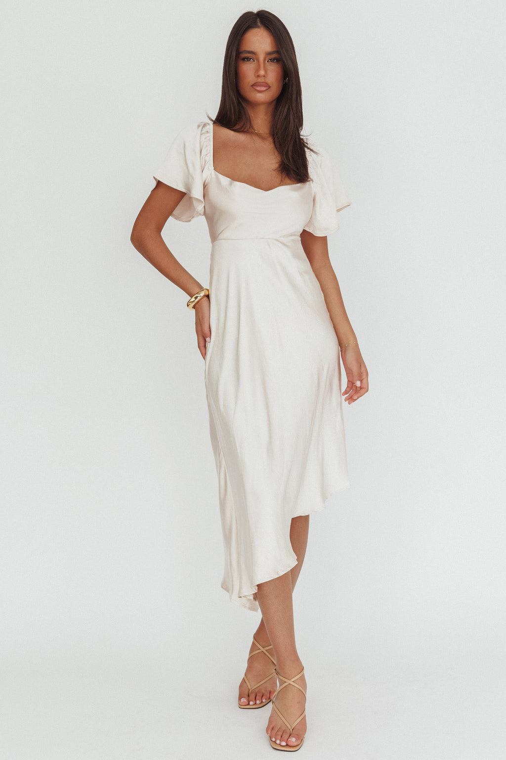 Grayson Tied Back Asymmetrical Midi Dress Champagne by Selfie Leslie