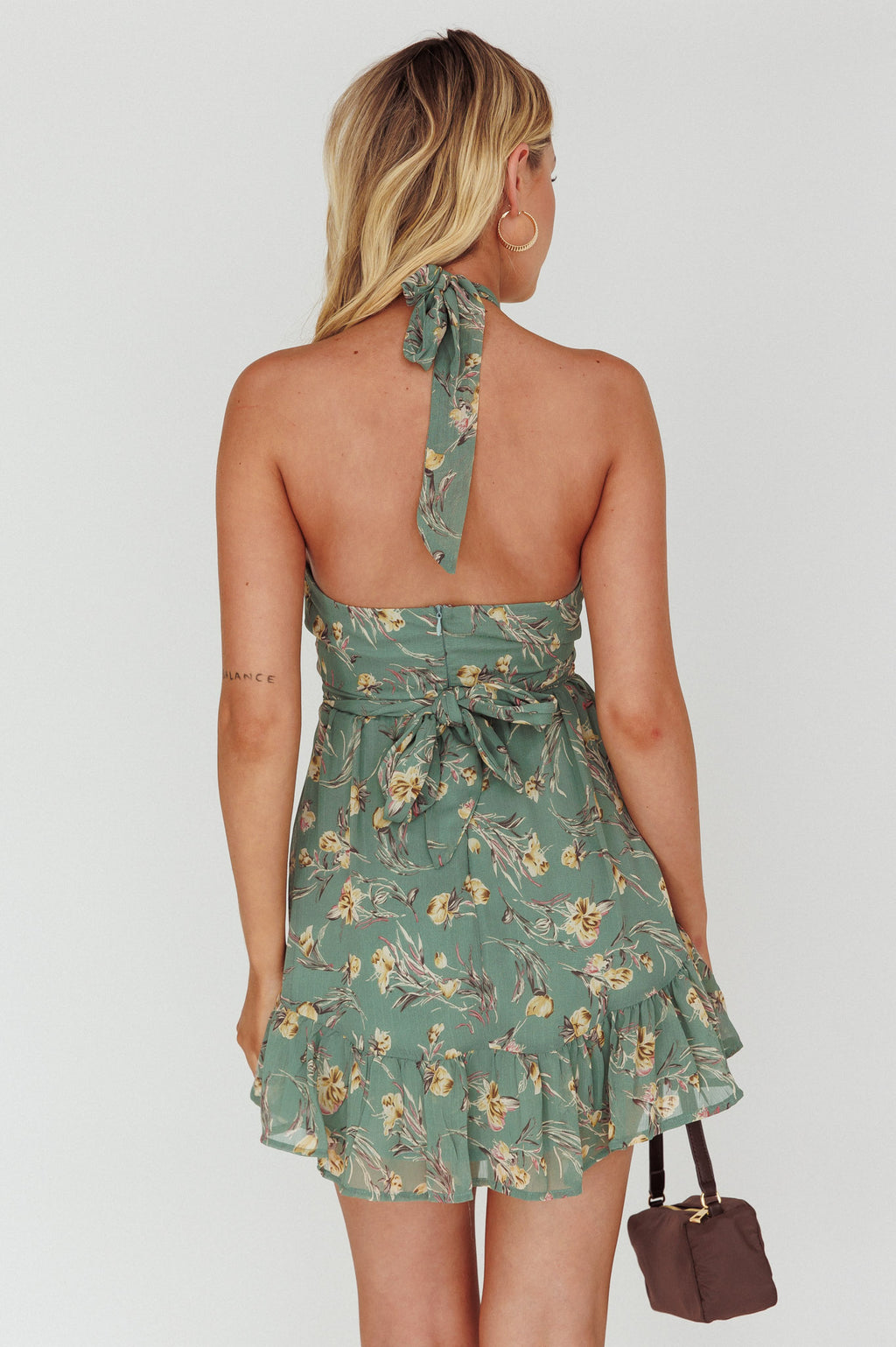 Chase Me Halterneck Mini Dress Floral Sage by Selfie Leslie