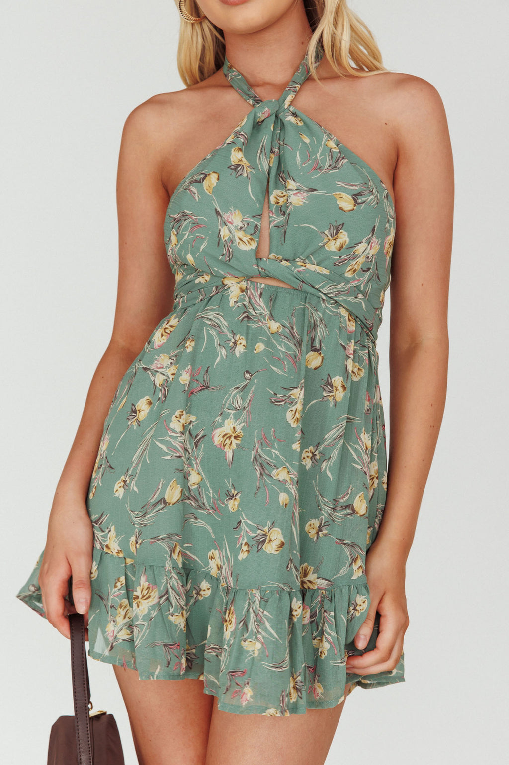 Chase Me Halterneck Mini Dress Floral Sage by Selfie Leslie