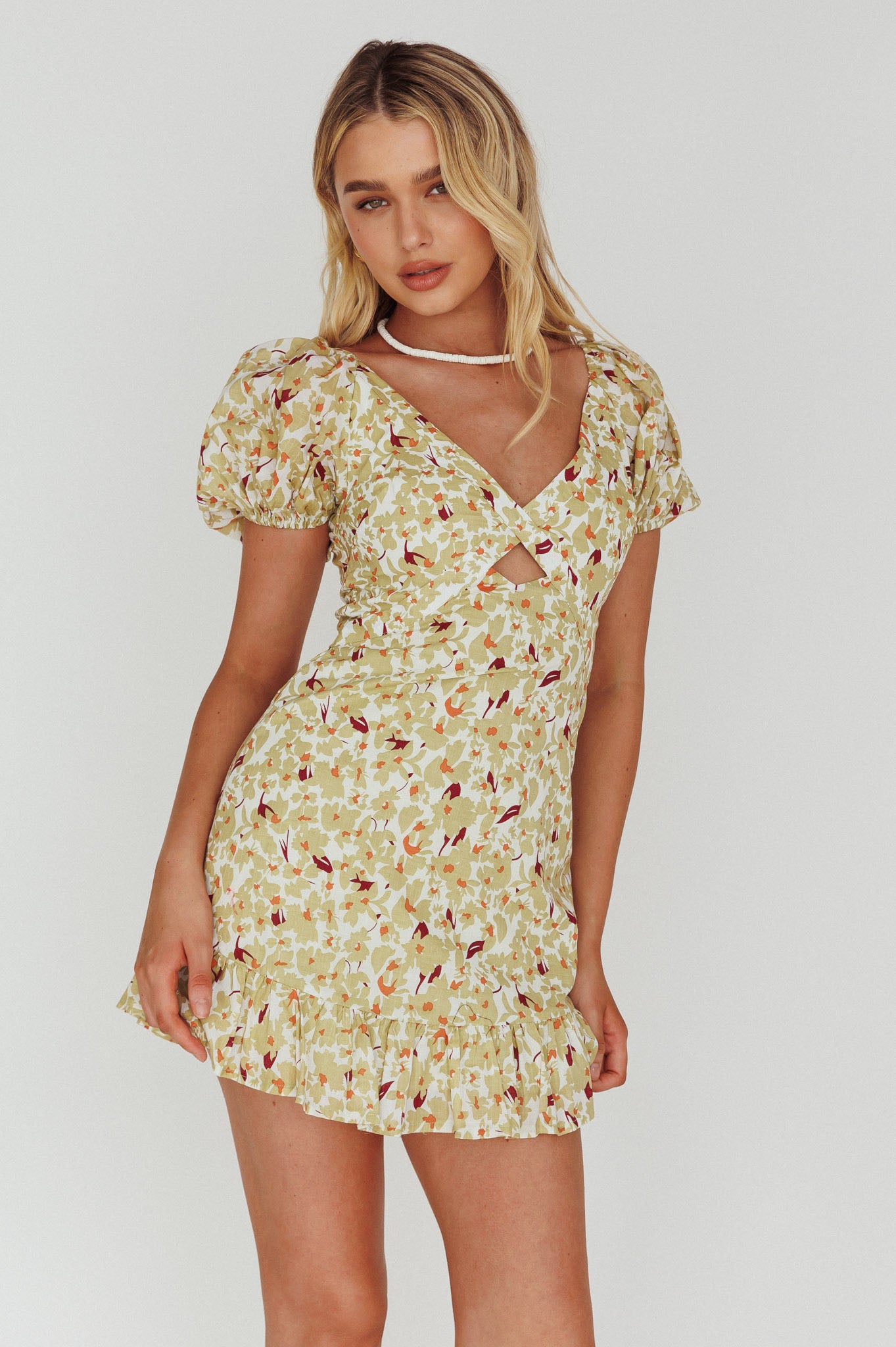 Connie Puff Sleeve Mini Dress Floral Olive by Selfie Leslie