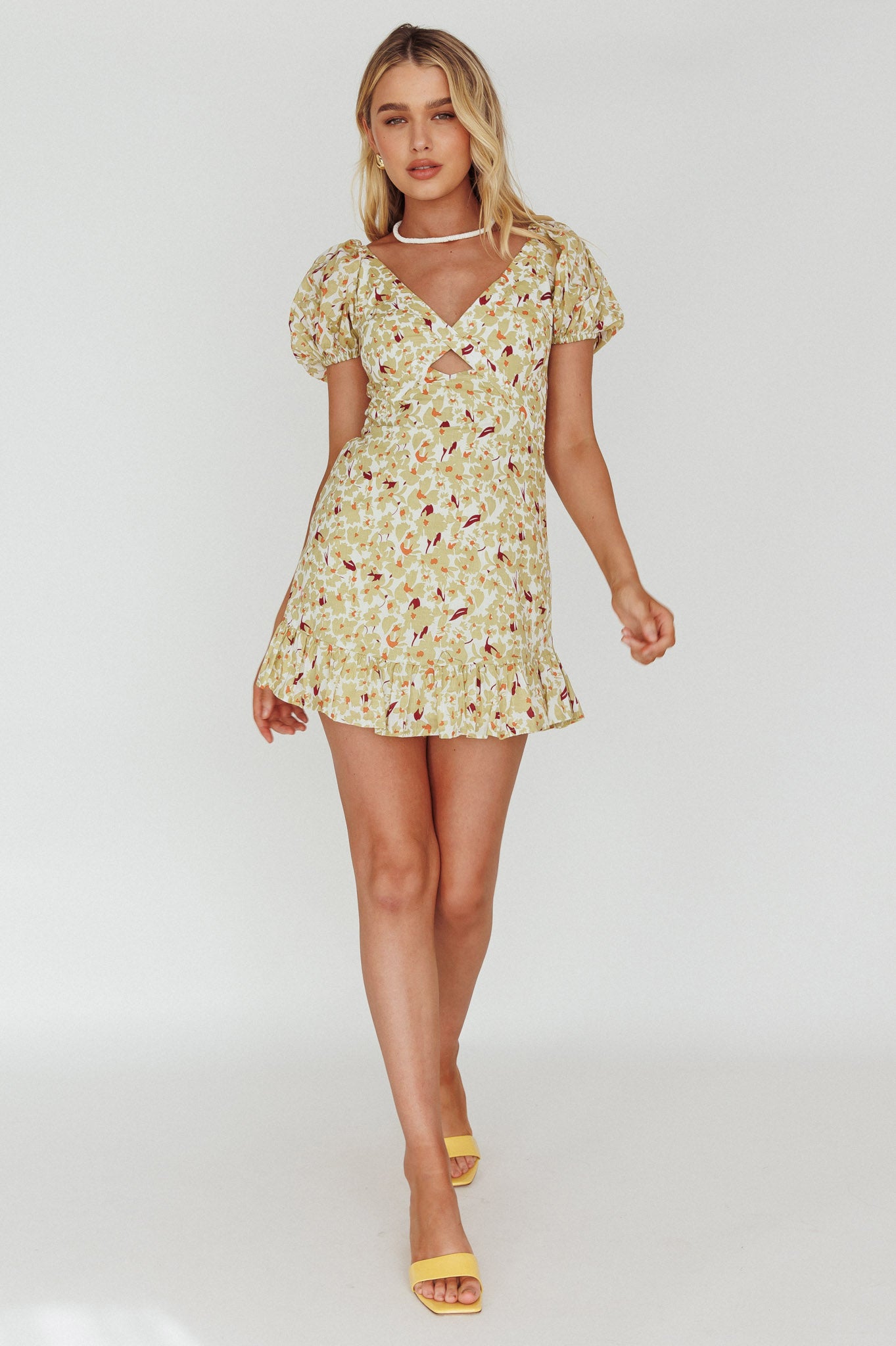 Connie Puff Sleeve Mini Dress Floral Olive by Selfie Leslie