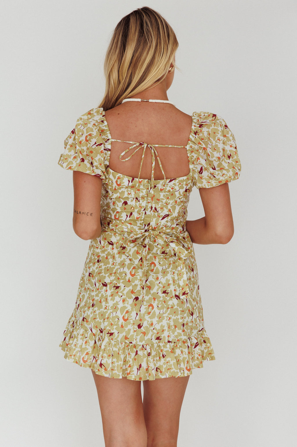 Connie Puff Sleeve Mini Dress Floral Olive by Selfie Leslie