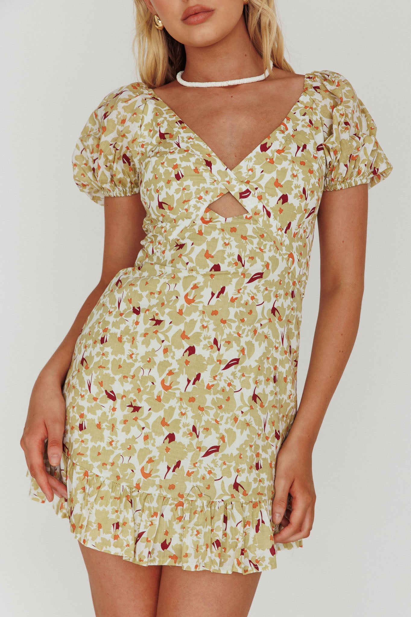 Connie Puff Sleeve Mini Dress Floral Olive by Selfie Leslie