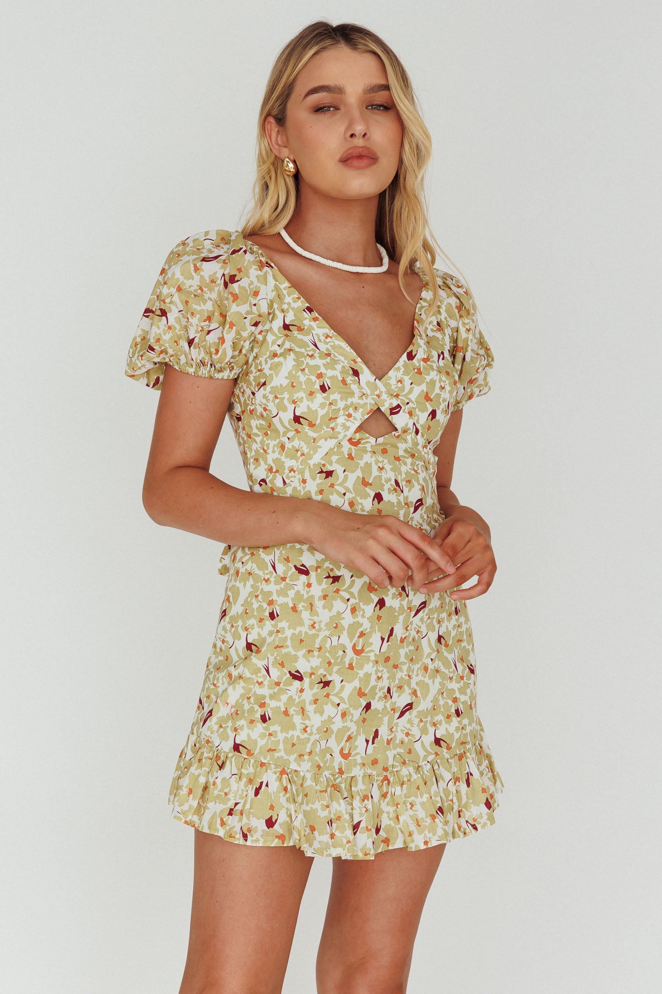 Connie Puff Sleeve Mini Dress Floral Olive by Selfie Leslie