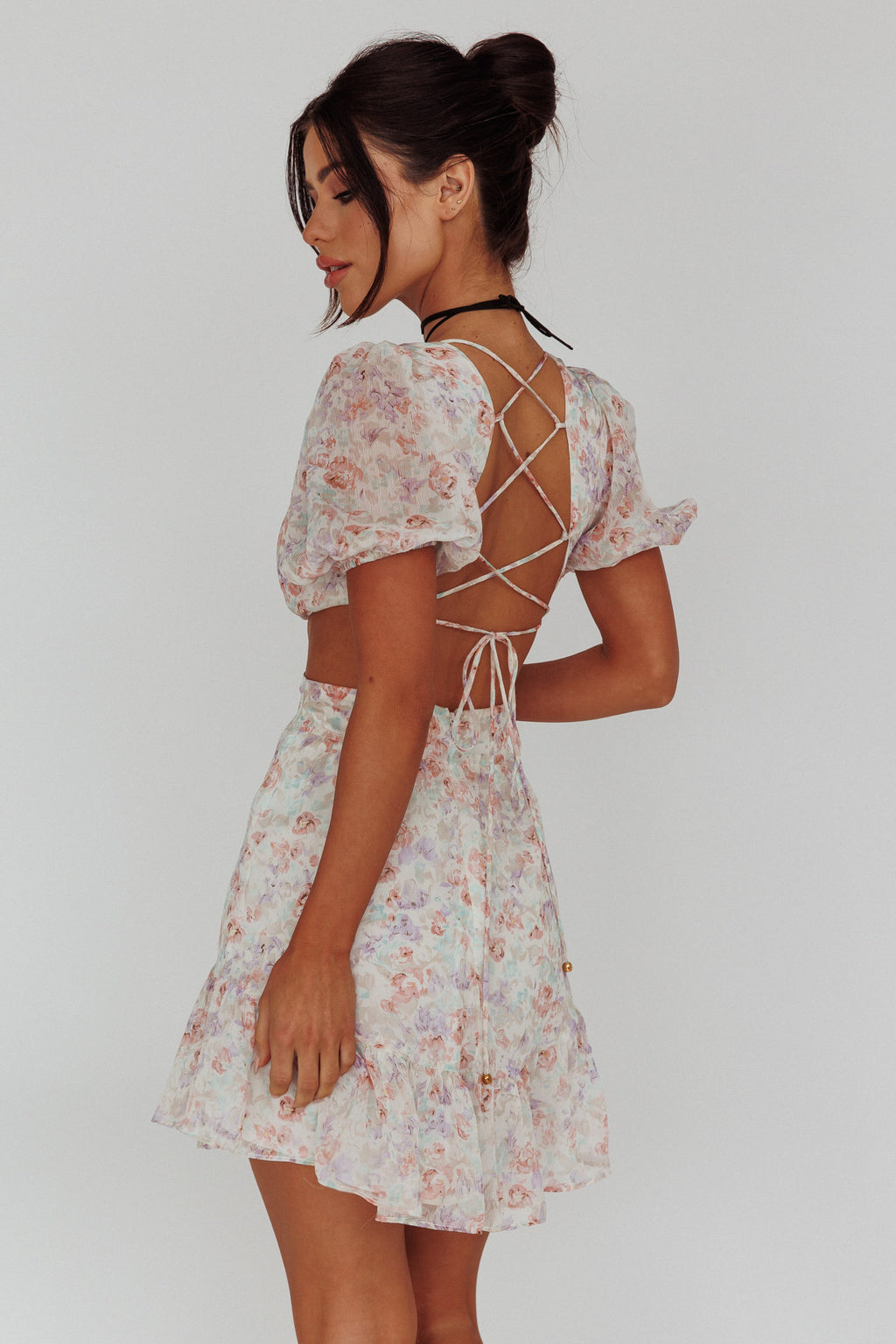 Graciele Laced Back Cut-Out Mini Dress Floral Blush by Selfie Leslie