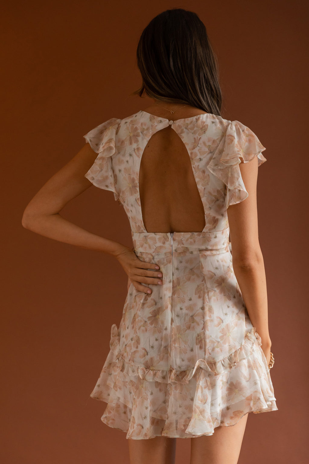 New Dawn Frill Shoulder Mini Dress Floral Mocha by Selfie Leslie