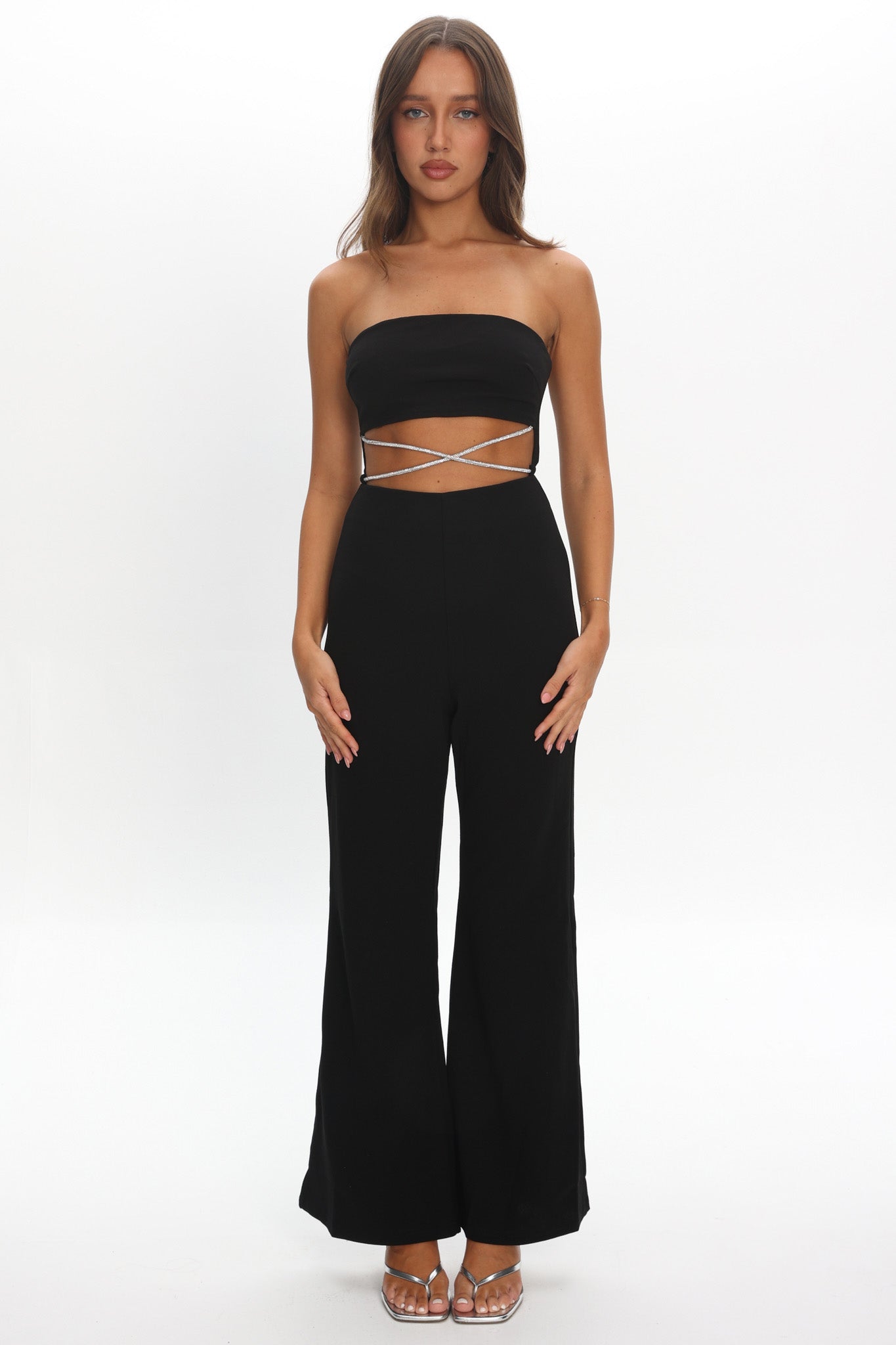 Nohemi Strapless Diamante Jumpsuit Black