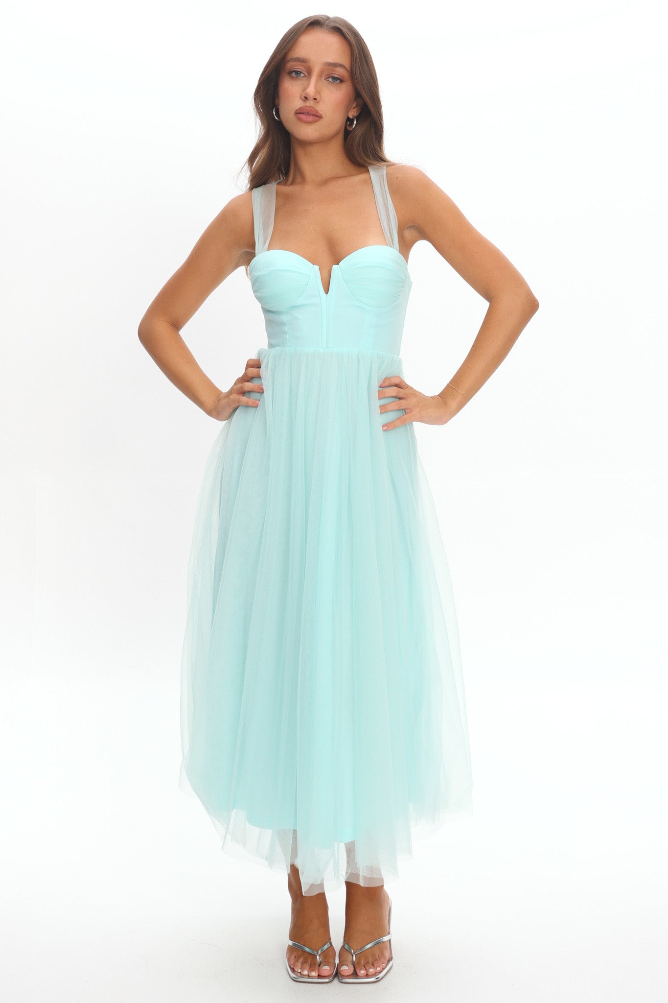 Surreal Lace-Up Back Tulle Midi Dress Mint - S