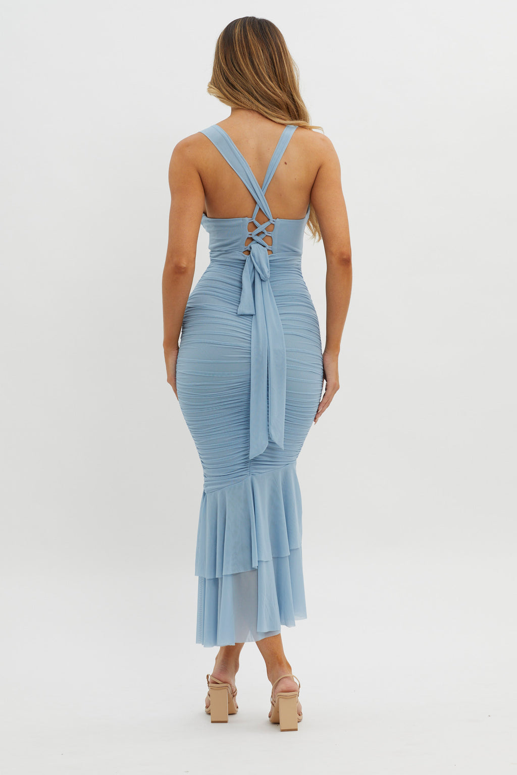 Surreal Lace-Up Back Ruched Midi Dress Blue by Selfie Leslie