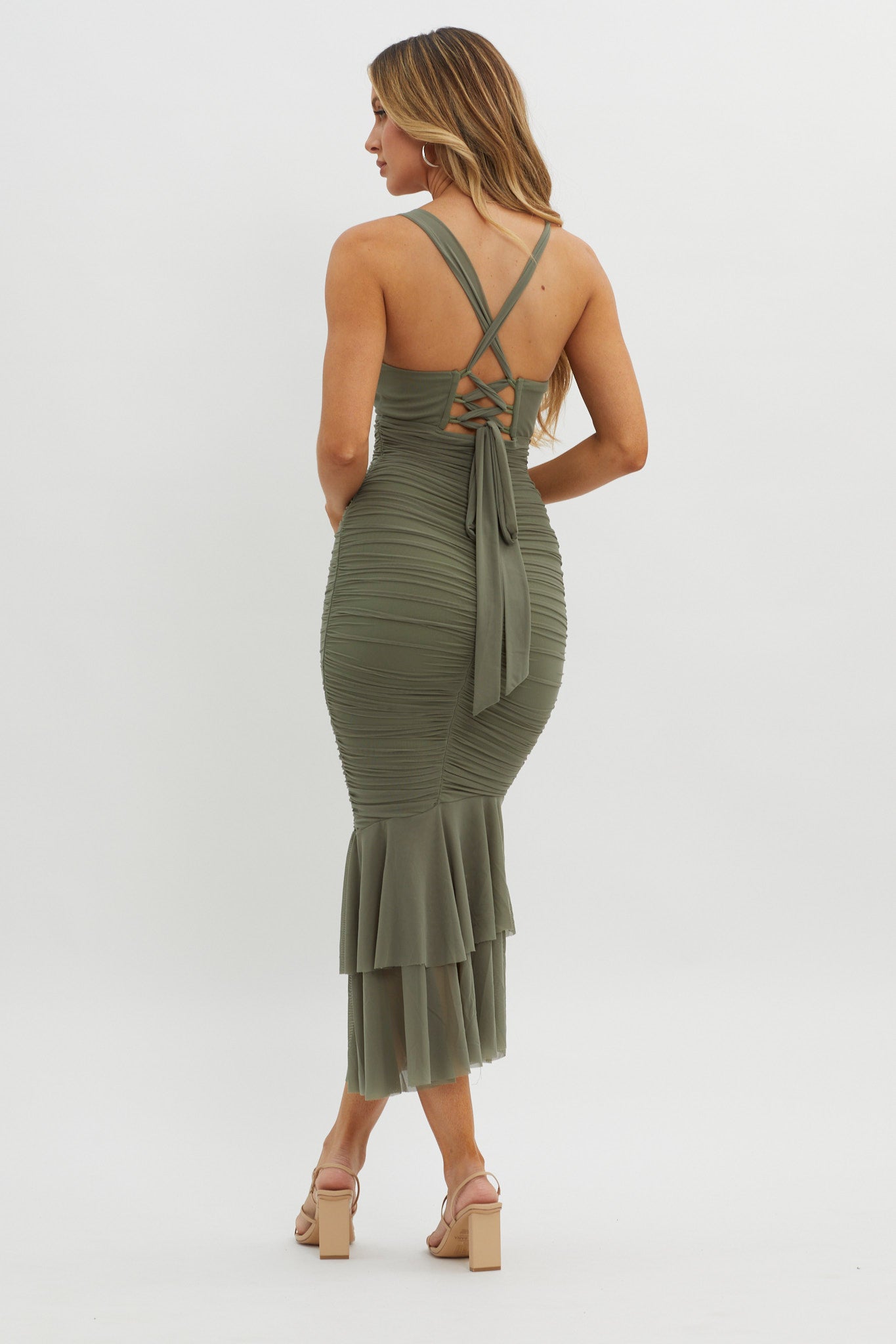 Surreal Lace-Up Back Ruched Midi Dress Olive Surreal Lace-Up Back Ruched Midi Dress Olive