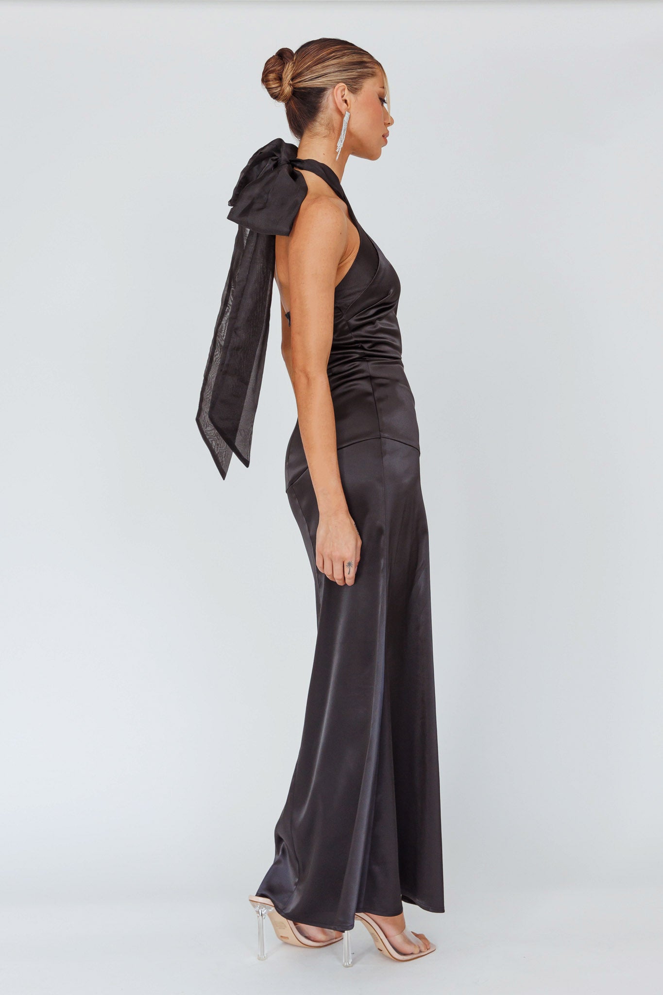 Andria Halterneck Bow Satin Maxi Dress Black Andria Halterneck Bow Satin Maxi Dress Black