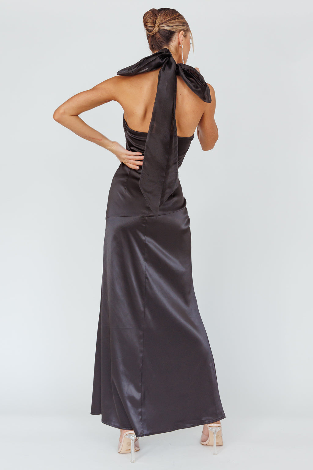 Andria Halterneck Bow Satin Maxi Dress Black by Selfie Leslie