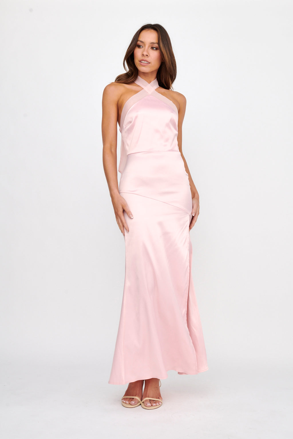 Andria Halterneck Bow Satin Maxi Dress Blush by Selfie Leslie